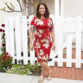 Lisa Crimson Floral Faux Wrap Dress