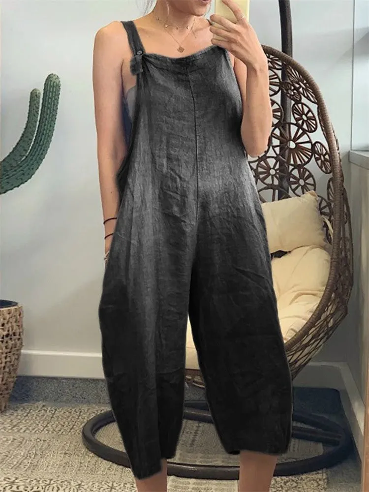 Loose Solid Cotton Linen Bib Jumpsuit