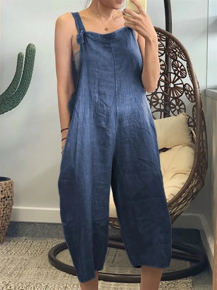 Loose Solid Cotton Linen Bib Jumpsuit