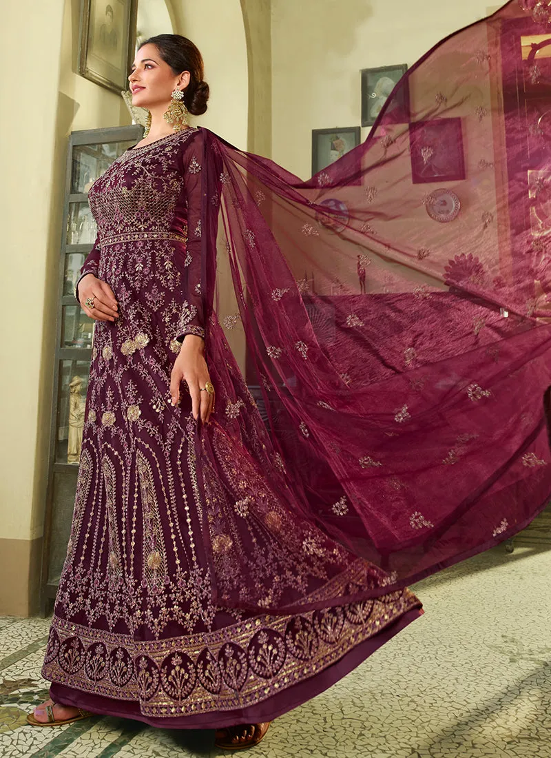 Maroon Embroidery Slit Style Wedding Anarkali Suit