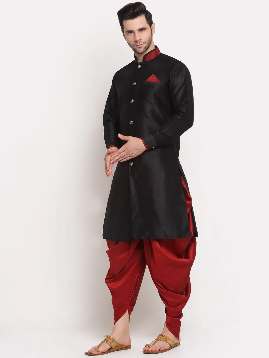 Men's Black Solid Kurta With Maroon Dhoti Pant - Benstoke