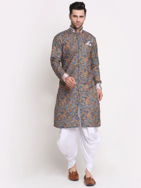 Men's Blue & Brown Printed Kurta With White Dhoti Pant - Benstoke