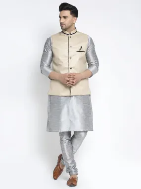 Men's Silk Blend Grey Kurta With Pyjama & Beige Nehru Jacket - Benstoke