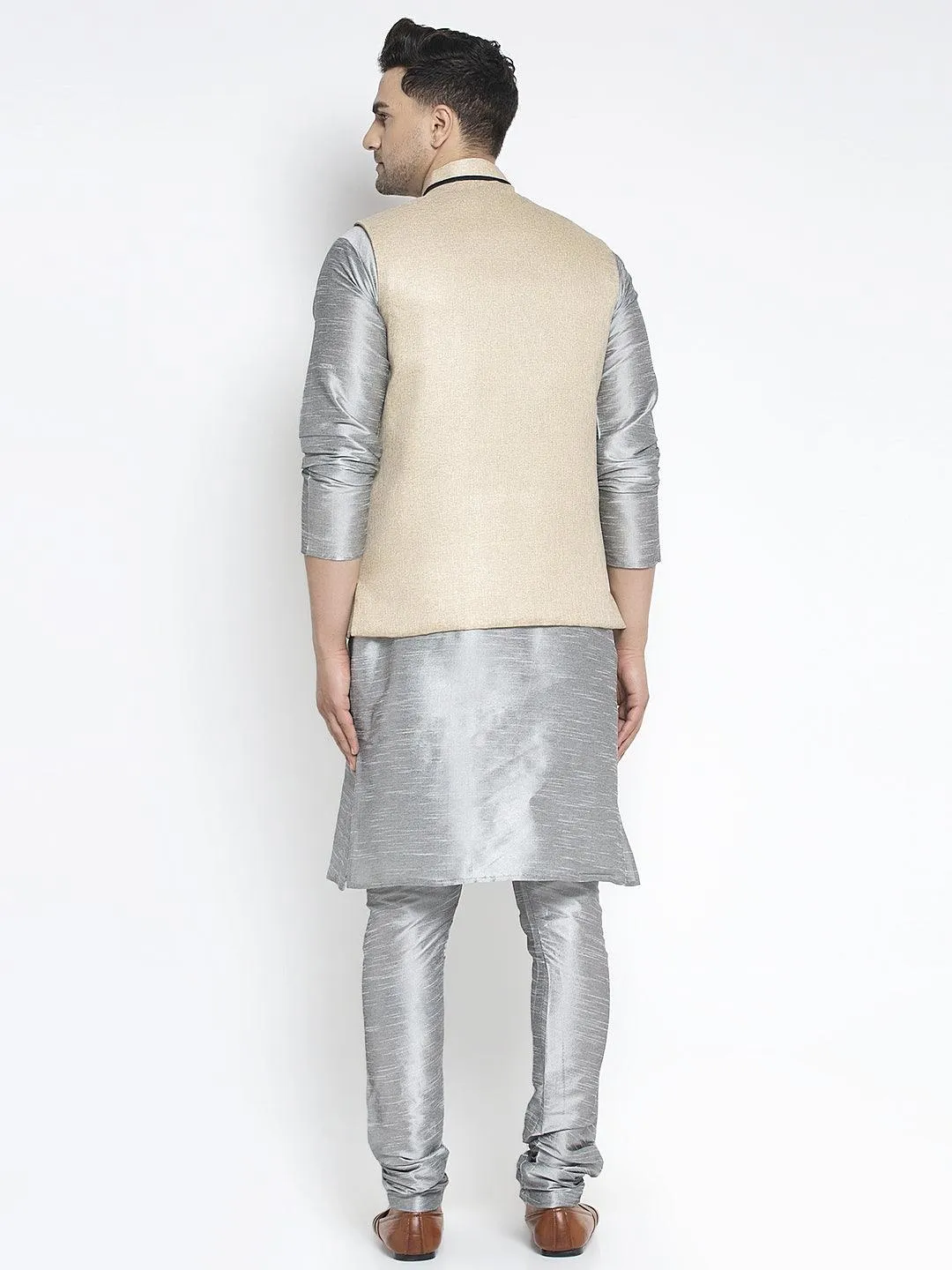 Men's Silk Blend Grey Kurta With Pyjama & Beige Nehru Jacket - Benstoke