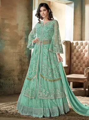 Mint Green Jacket Style Embroidered Lehenga Kurti Set