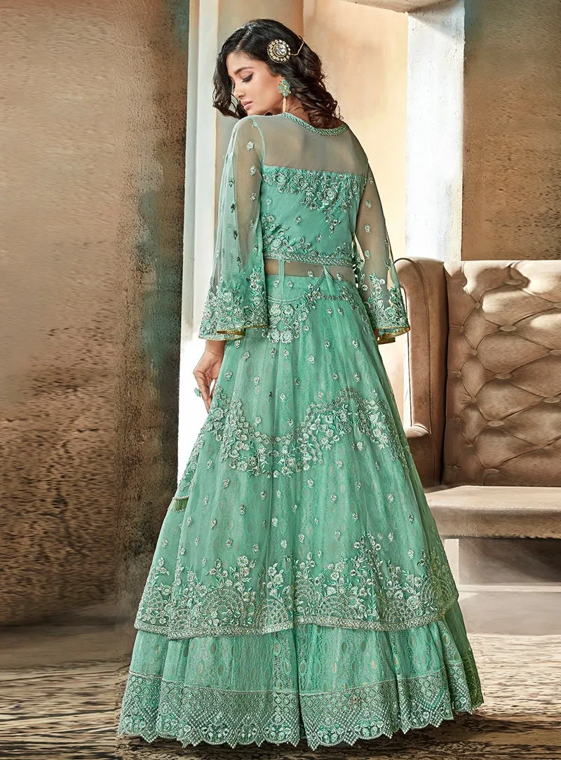 Mint Green Jacket Style Embroidered Lehenga Kurti Set