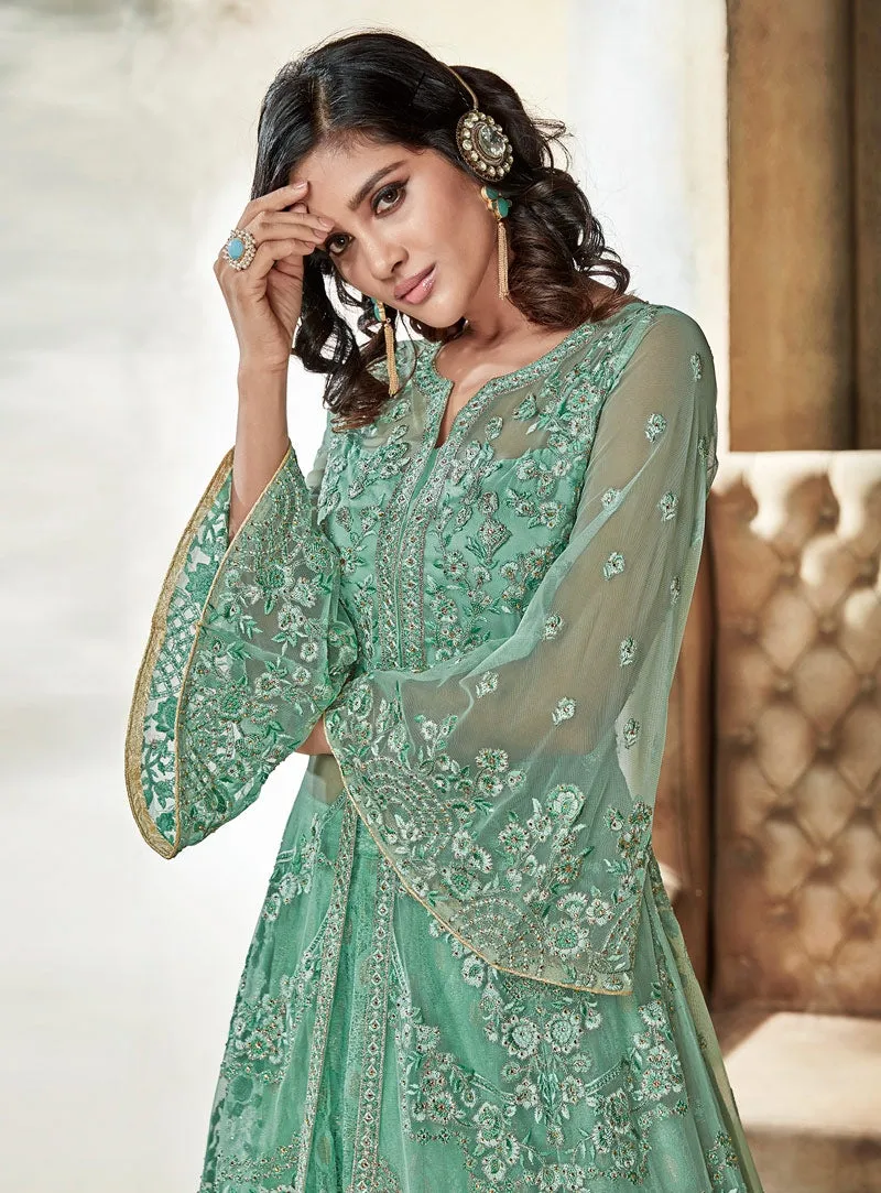 Mint Green Jacket Style Embroidered Lehenga Kurti Set