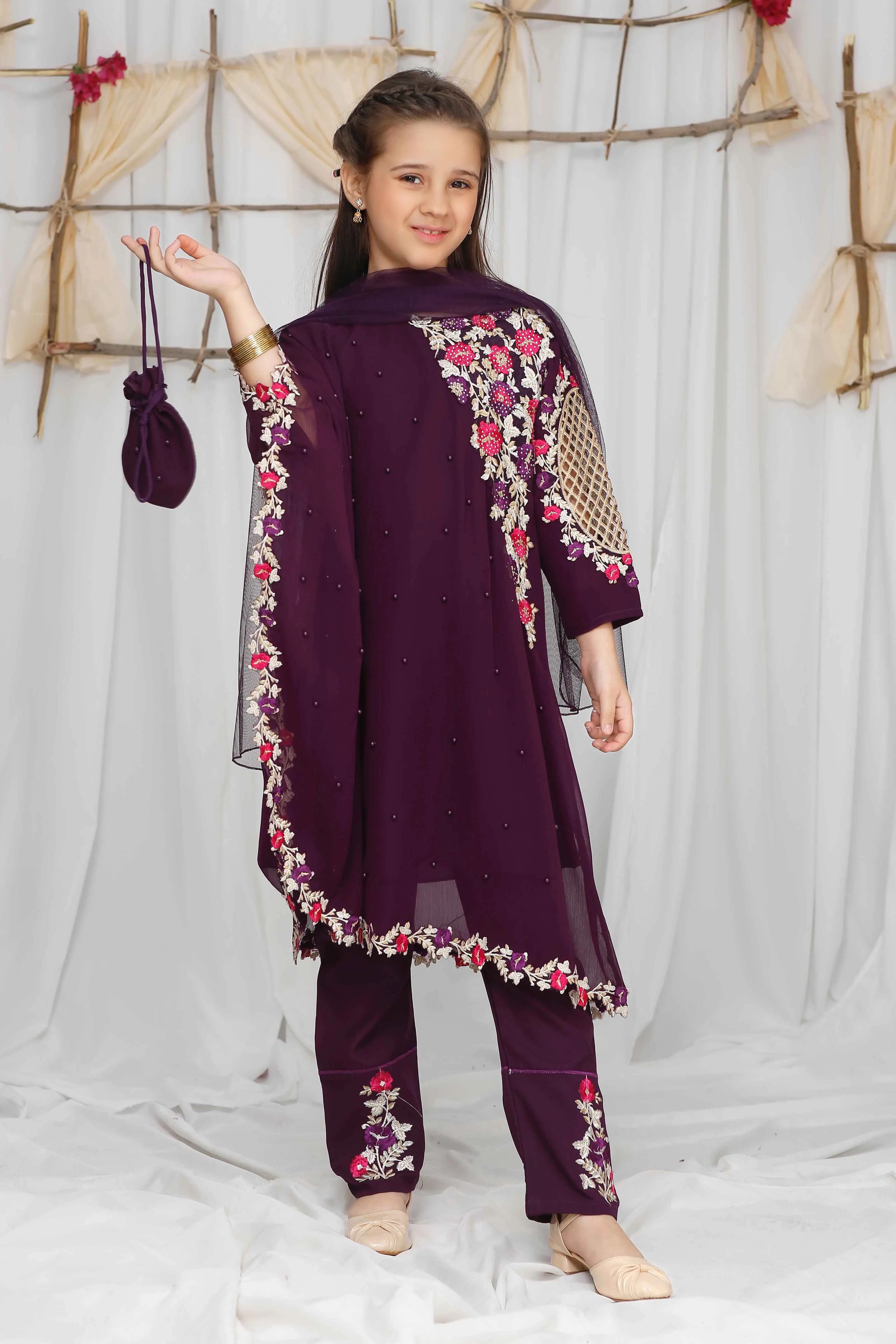 Modest Toddler Stitched 3 Piece Pearl Cape Formals Collection'2024-8625-Purple