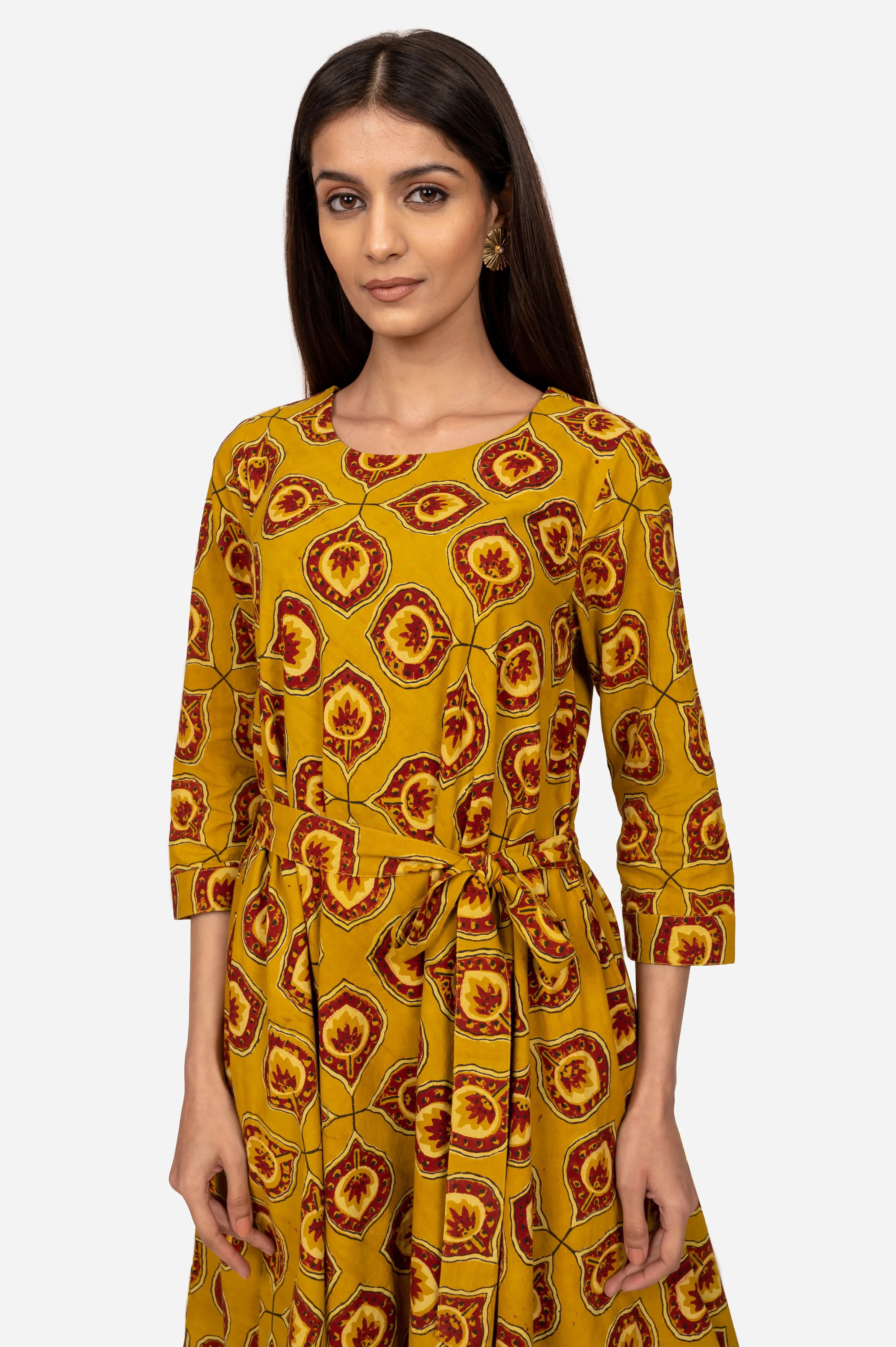 Mustard ajrakh flared dress