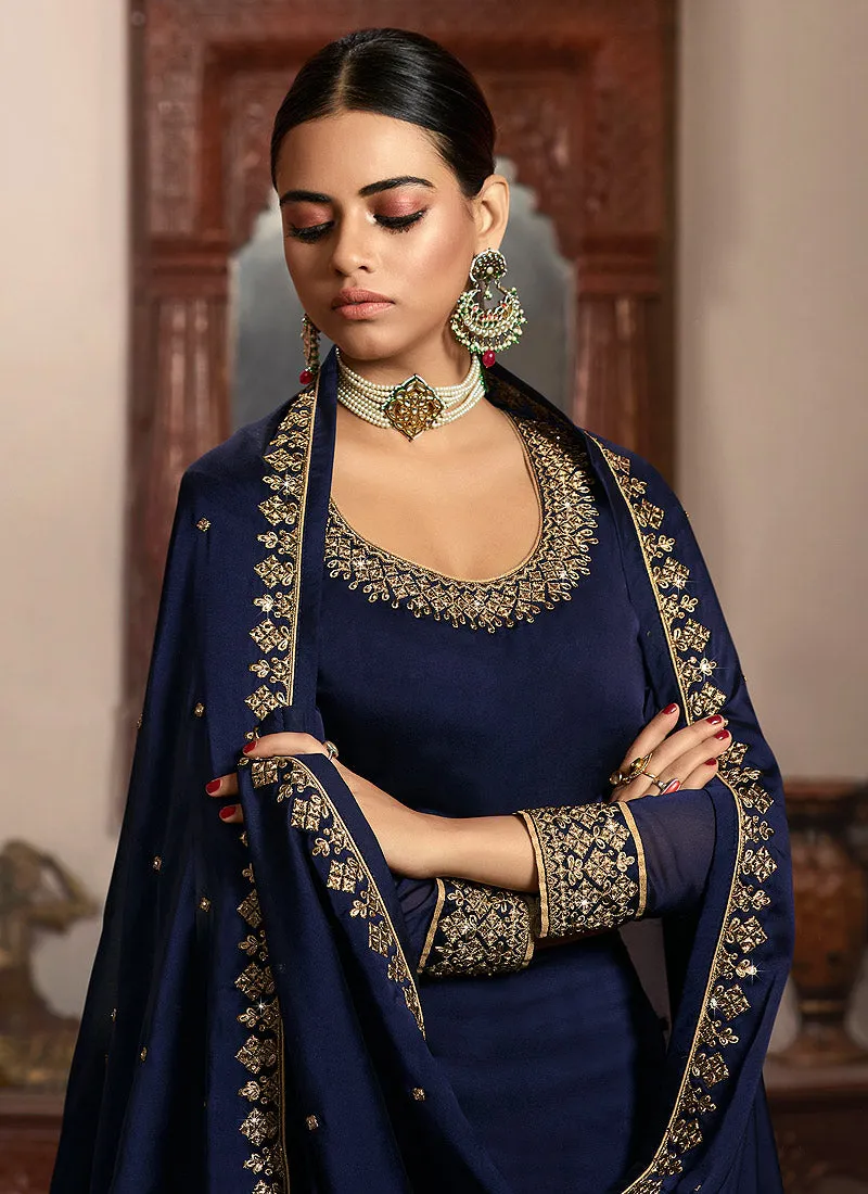 Navy Blue Silk Lehenga/Pant Suit