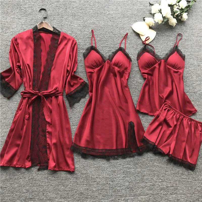 New Stain Black Lace Fashion Women Sleepwear With Chest Pad Nightdress Shorst Cardigan Set Pajamas