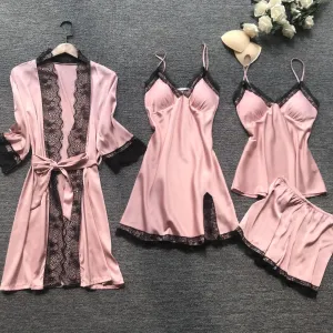 New Stain Black Lace Fashion Women Sleepwear With Chest Pad Nightdress Shorst Cardigan Set Pajamas