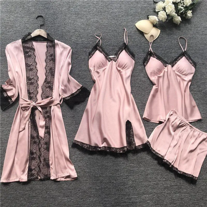 New Stain Black Lace Fashion Women Sleepwear With Chest Pad Nightdress Shorst Cardigan Set Pajamas