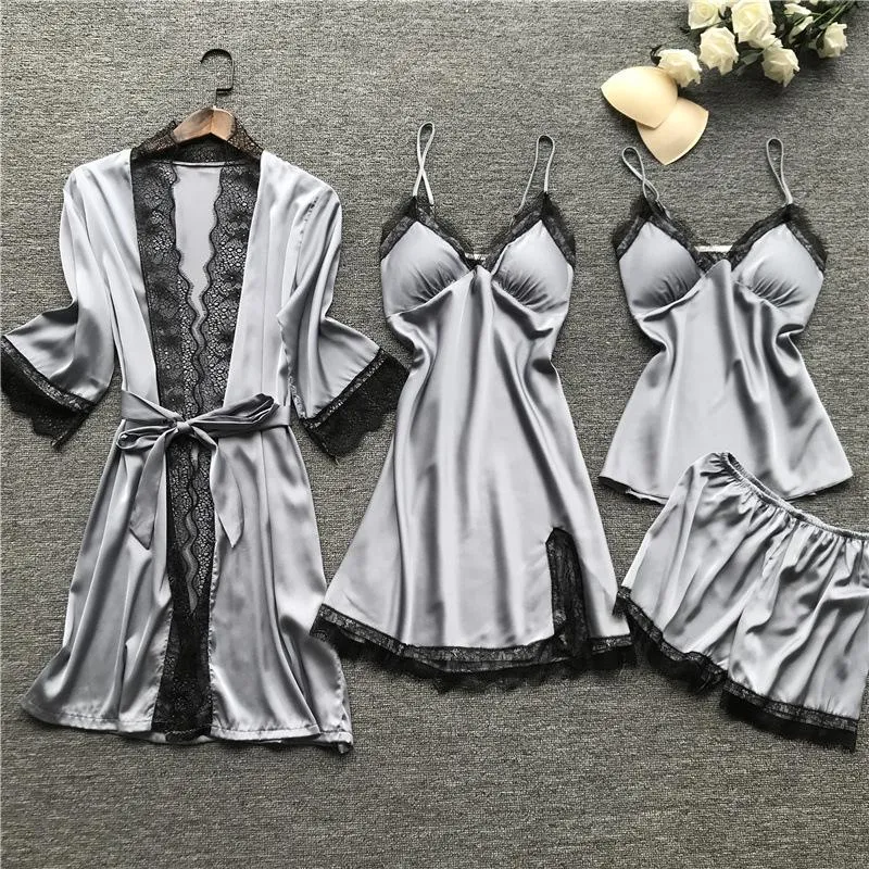 New Stain Black Lace Fashion Women Sleepwear With Chest Pad Nightdress Shorst Cardigan Set Pajamas