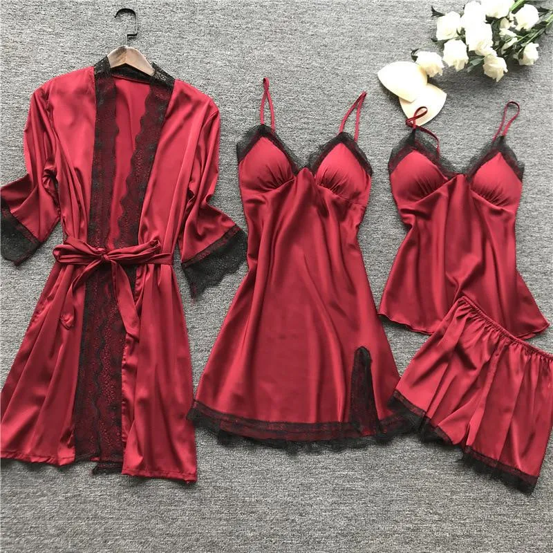 New Stain Black Lace Fashion Women Sleepwear With Chest Pad Nightdress Shorst Cardigan Set Pajamas