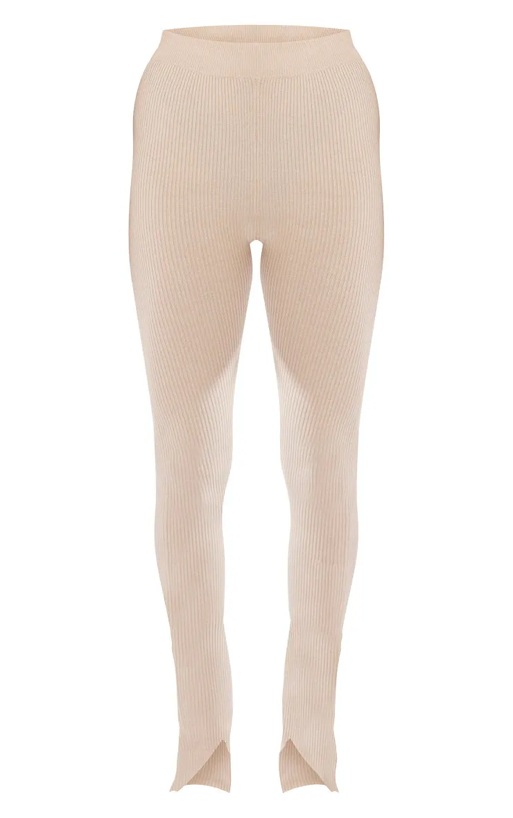 Oatmeal Knitted Split Hem Flare Pants