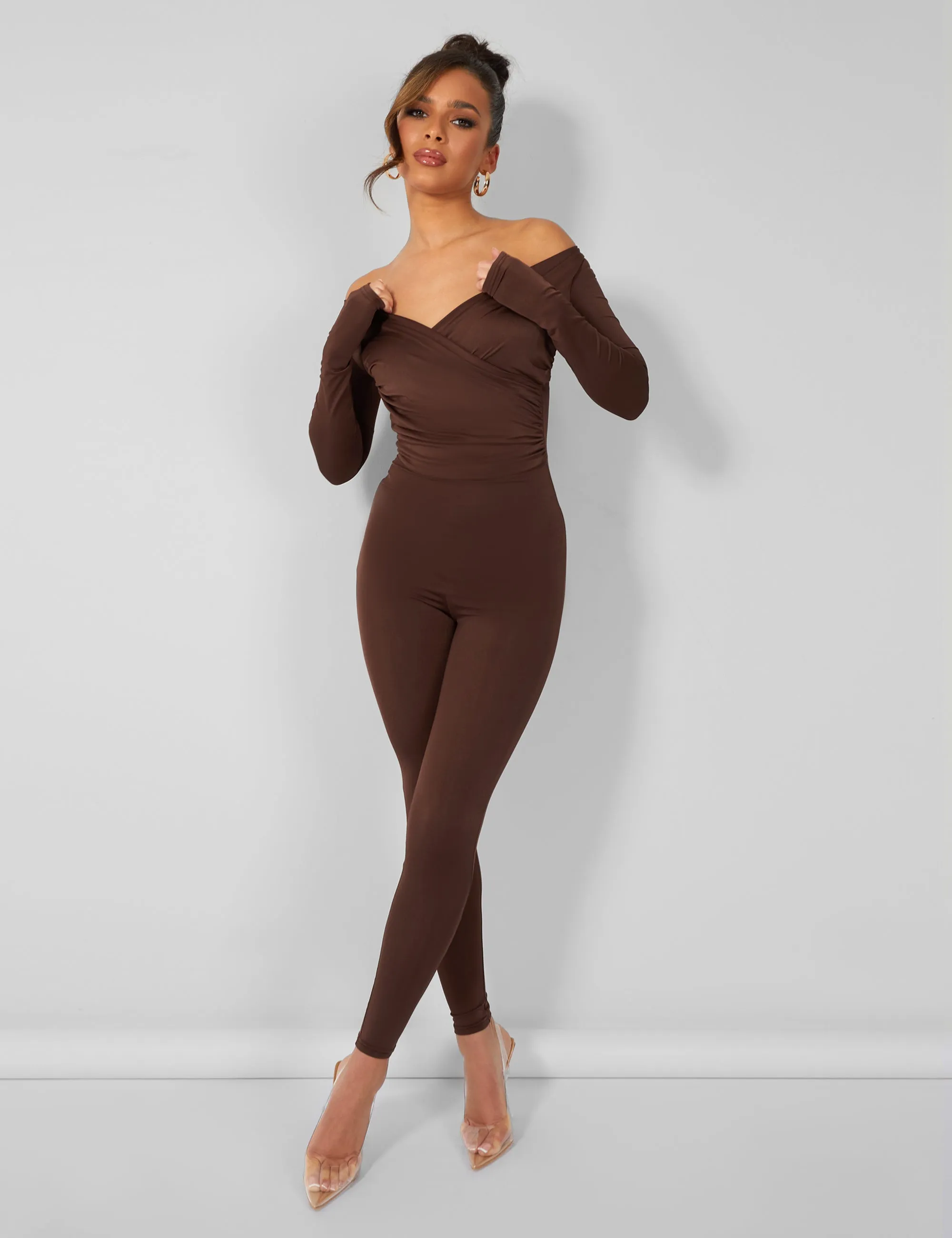 Off Shoulder Ruched Long Sleeve Jumpsuit Brown