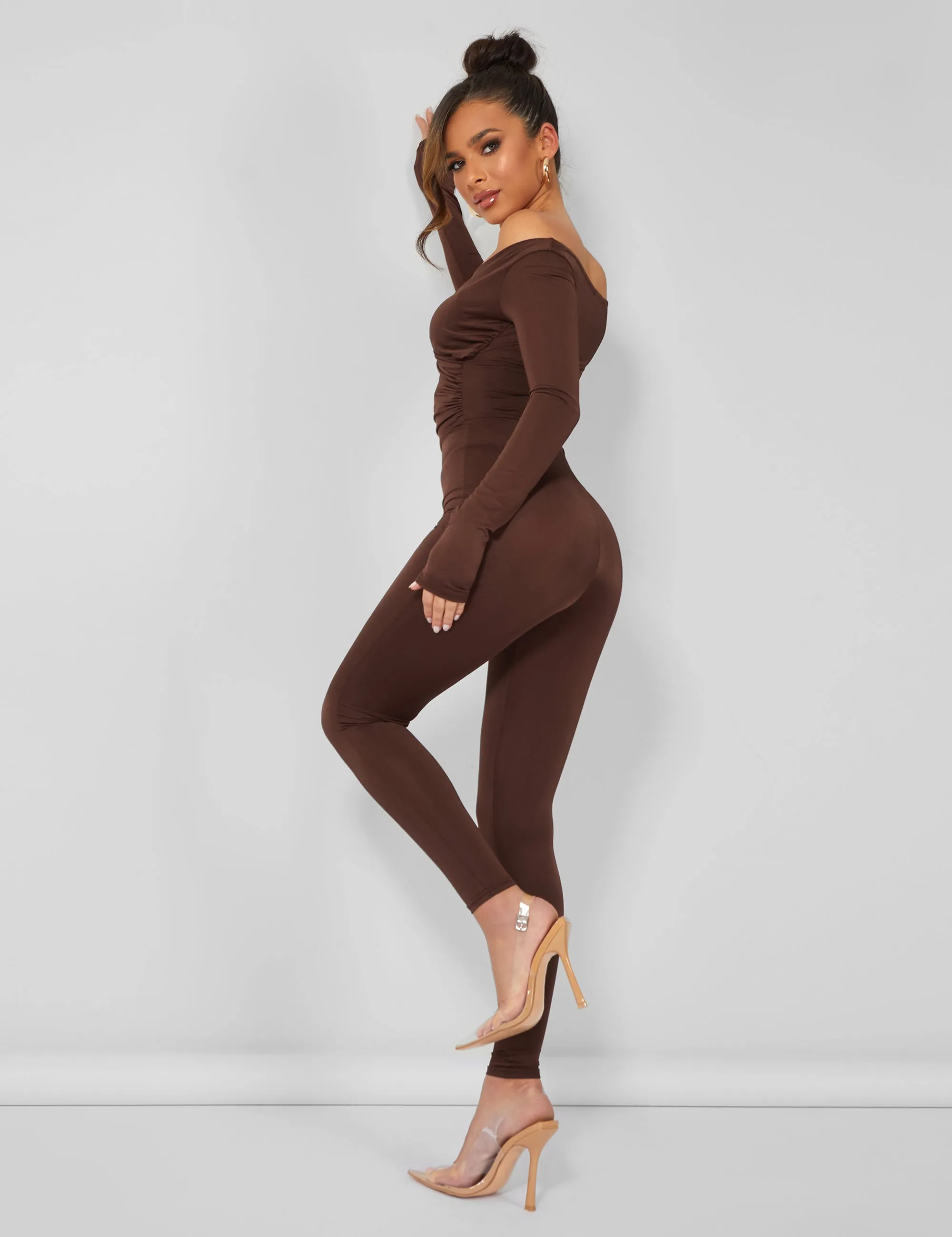 Off Shoulder Ruched Long Sleeve Jumpsuit Brown