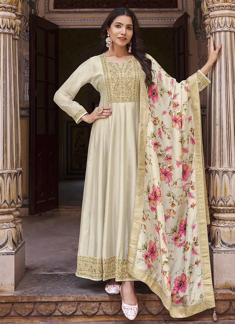 Off White Multi Embroidery Silk Anarkali Dress