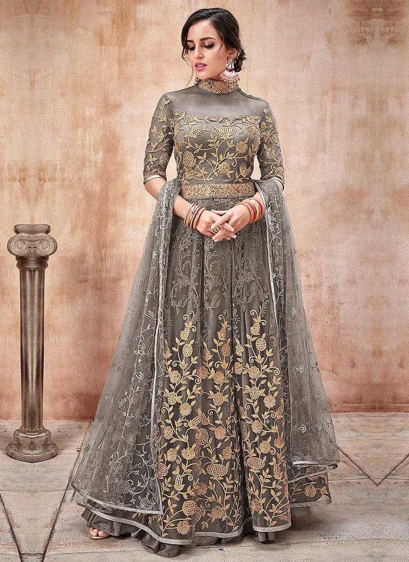 Olive Green Embroidered Flared Anarkali Suit