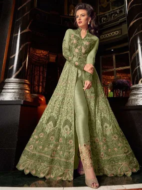 Olive Green With Golden Embroidered Lehenga/Pant Suit