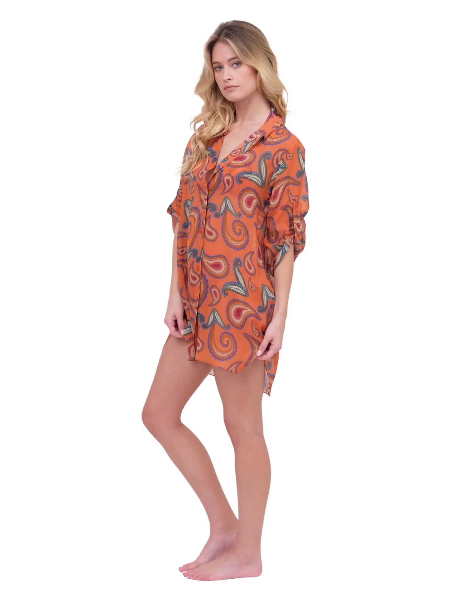 Orange Paisley Button Up Top