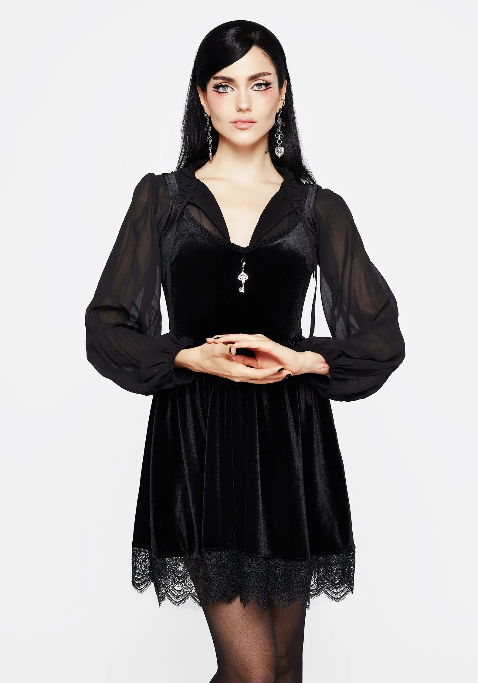 Orbweb Lace Hem Velour Mini Dress