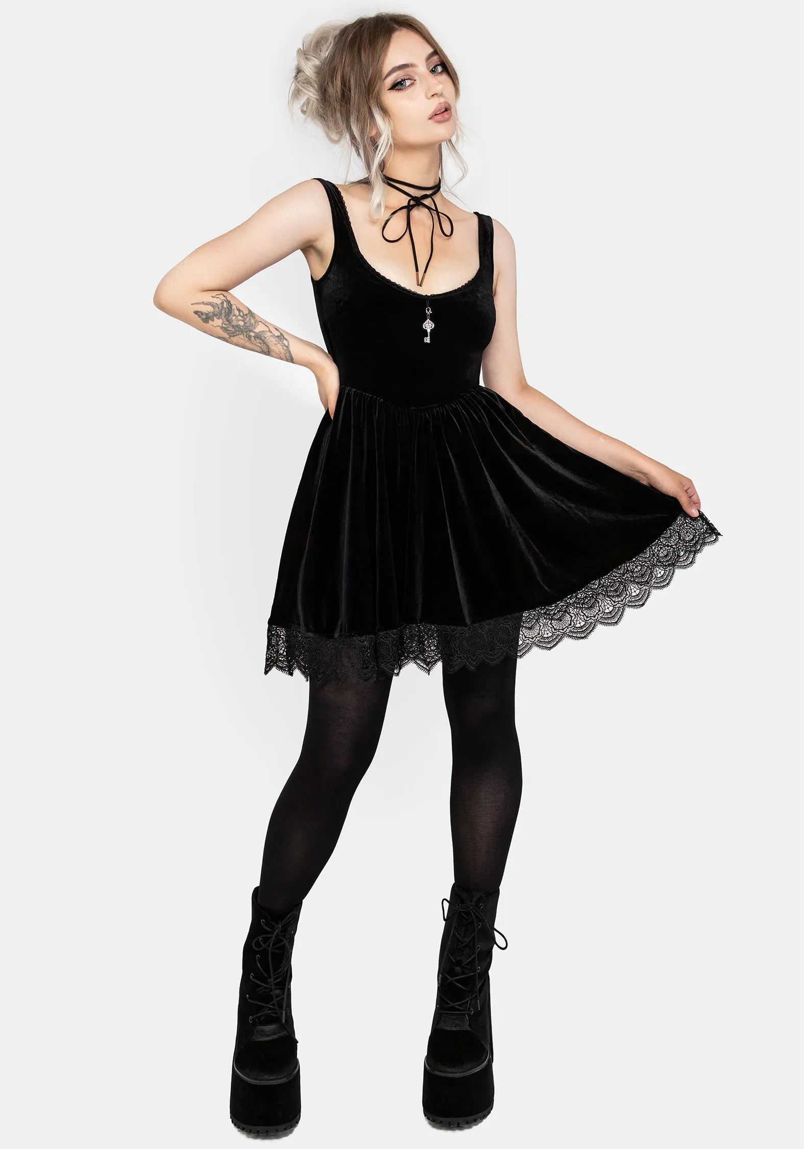 Orbweb Lace Hem Velour Mini Dress