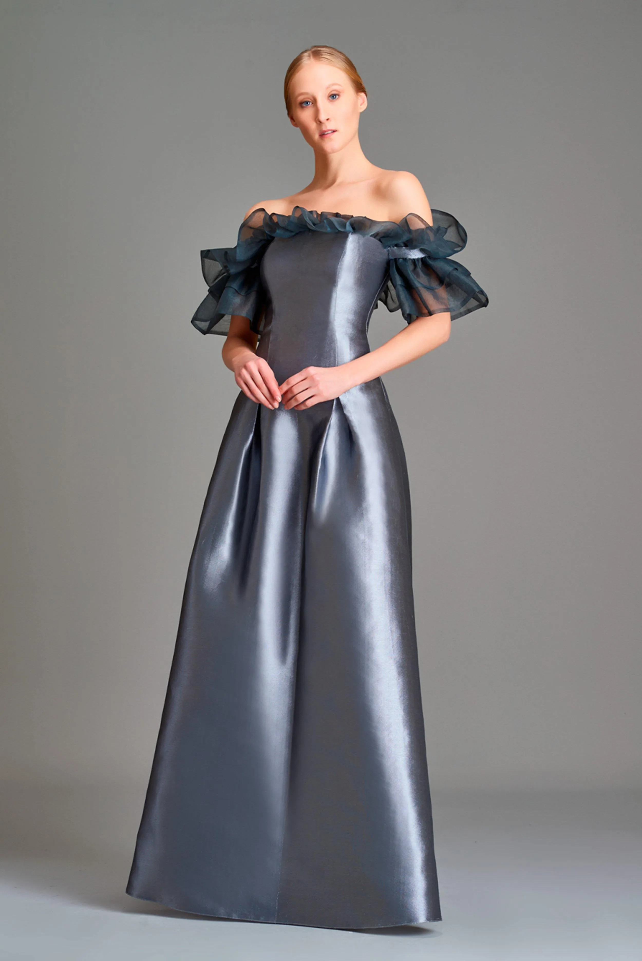 Organza Sleeve Detailed Double-Side Taffeta Long Dress