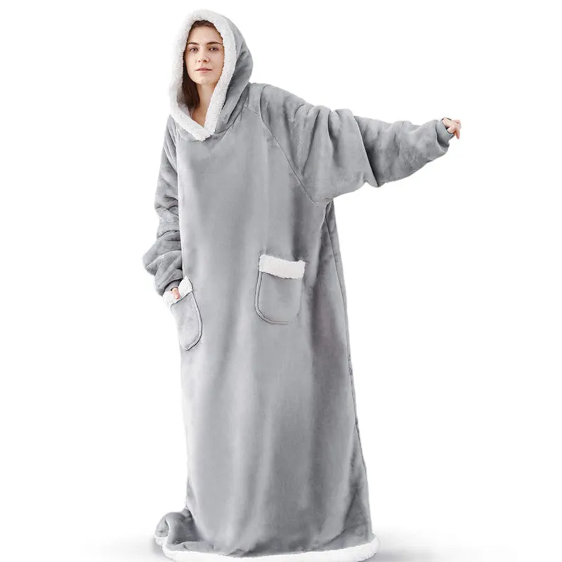 Oversized Super Long Flannel Hoodie Blanket Wearable Sweatshirt for Women Men