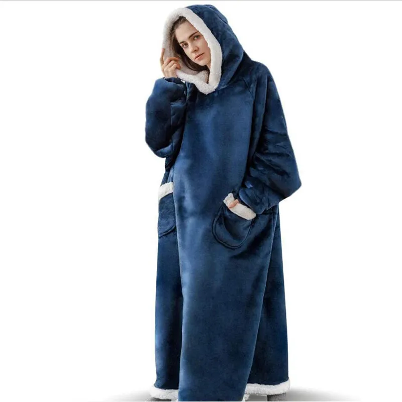 Oversized Super Long Flannel Hoodie Blanket Wearable Sweatshirt for Women Men