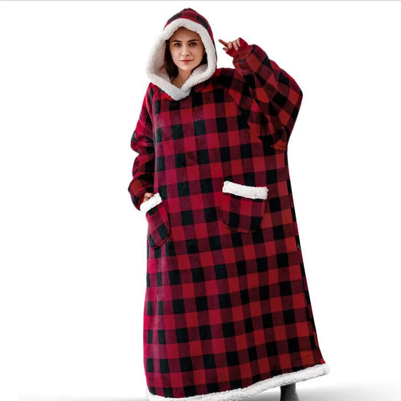 Oversized Super Long Flannel Hoodie Blanket Wearable Sweatshirt for Women Men