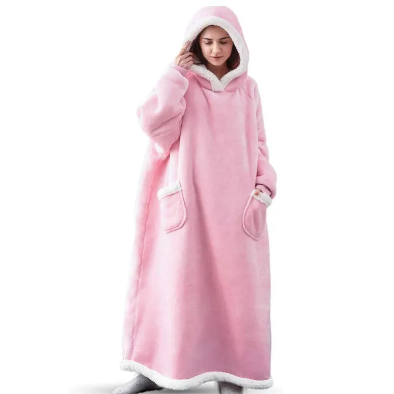 Oversized Super Long Flannel Hoodie Blanket Wearable Sweatshirt for Women Men