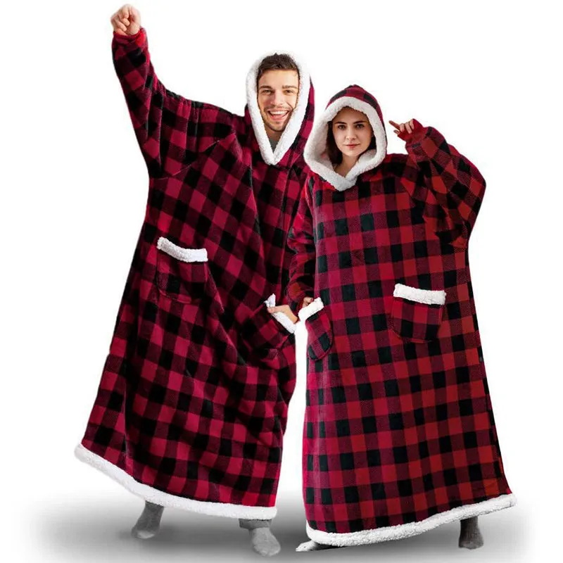 Oversized Super Long Flannel Hoodie Blanket Wearable Sweatshirt for Women Men