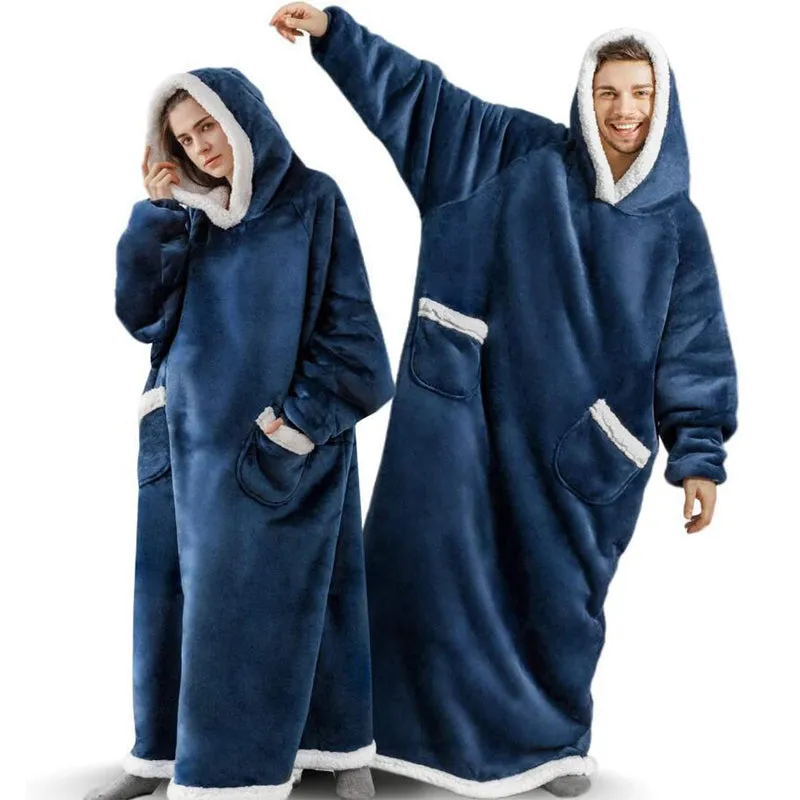 Oversized Super Long Flannel Hoodie Blanket Wearable Sweatshirt for Women Men