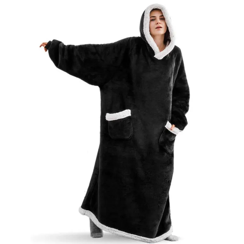 Oversized Super Long Flannel Hoodie Blanket Wearable Sweatshirt for Women Men