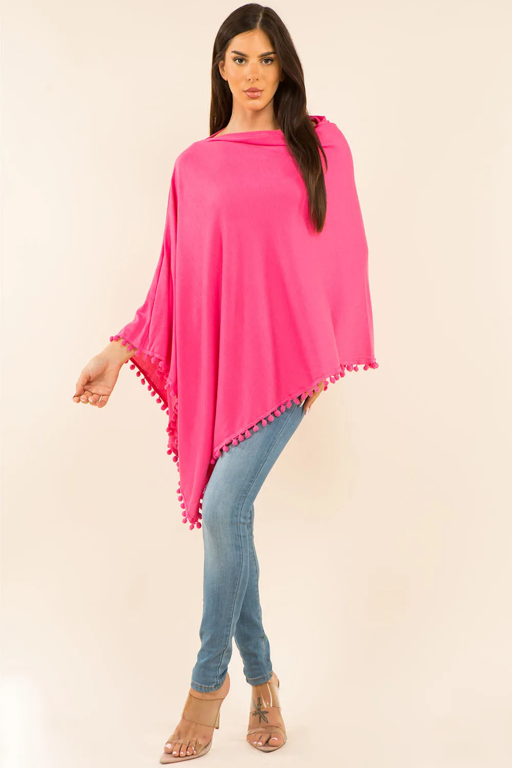 PA-9442 solid poncho with pompom