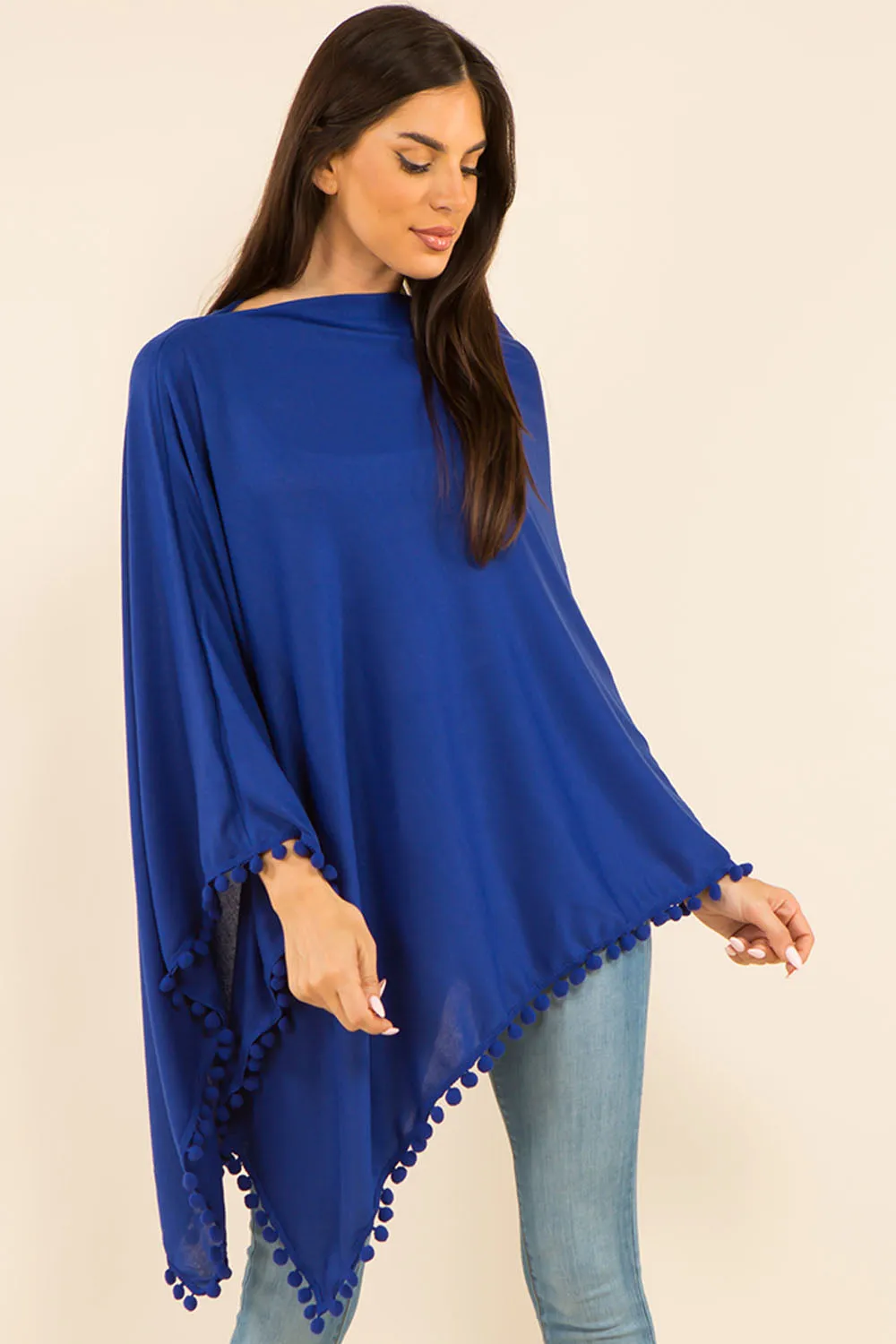 PA-9442 solid poncho with pompom