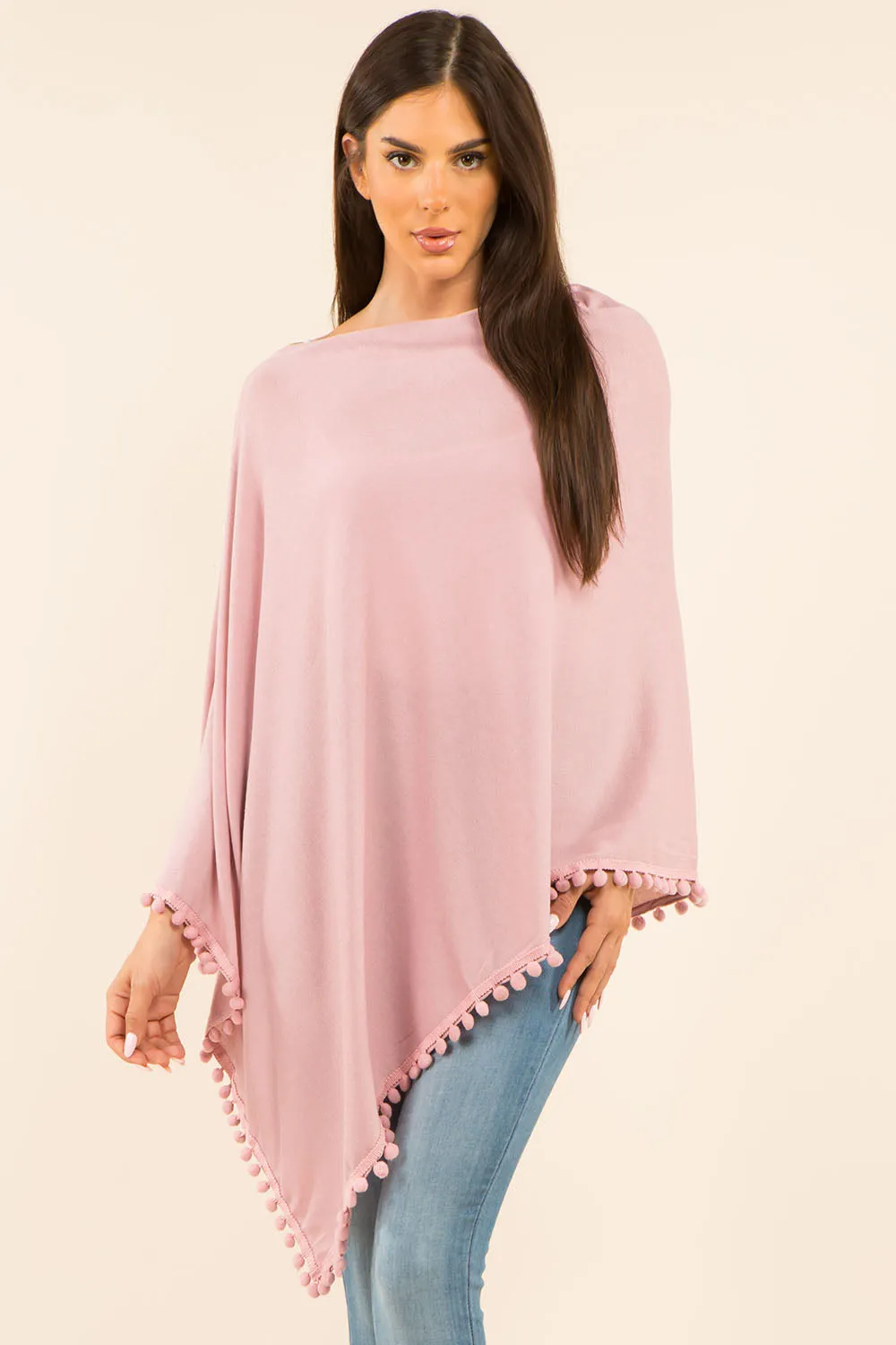 PA-9442 solid poncho with pompom