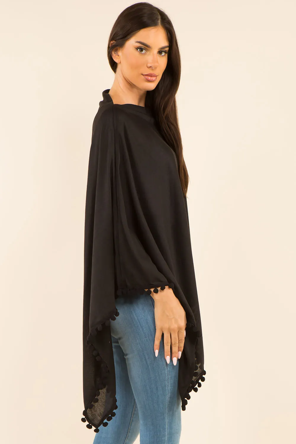 PA-9442 solid poncho with pompom