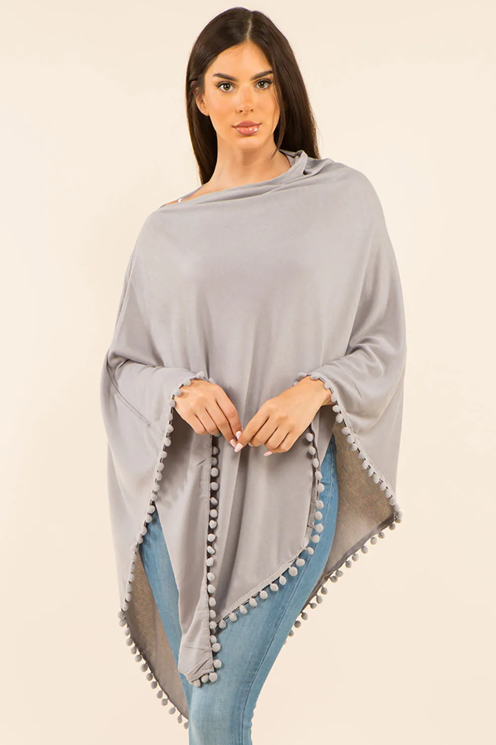 PA-9442 solid poncho with pompom