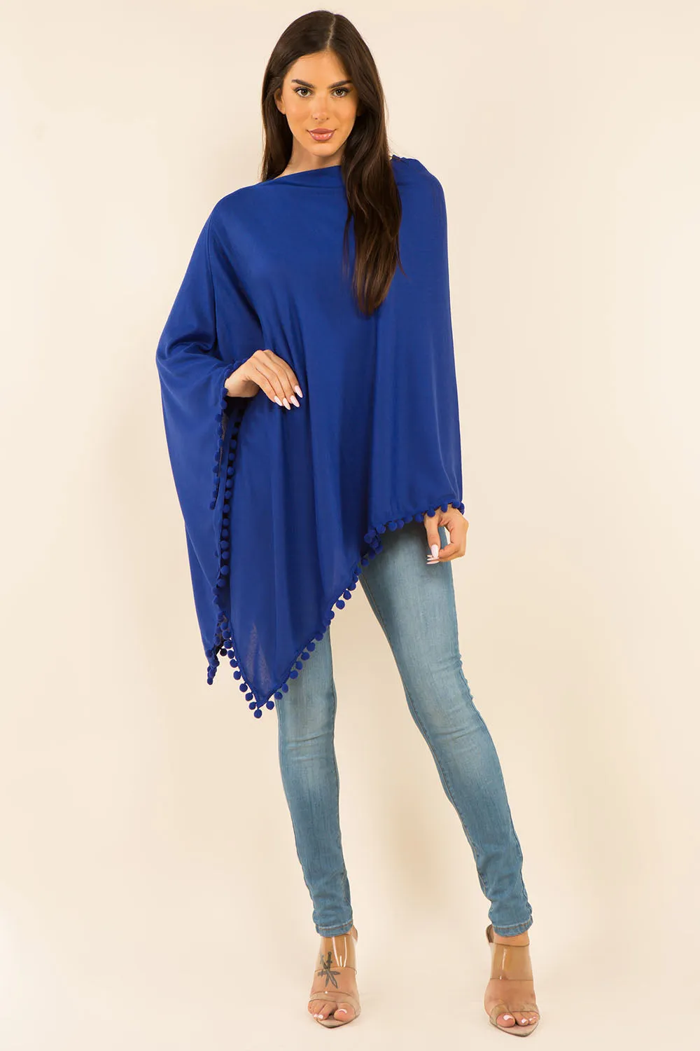 PA-9442 solid poncho with pompom