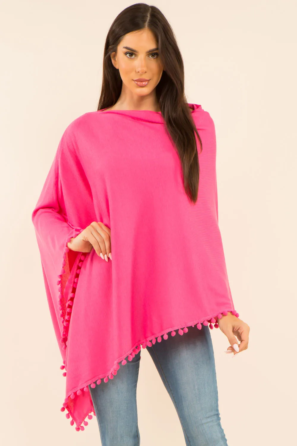 PA-9442 solid poncho with pompom