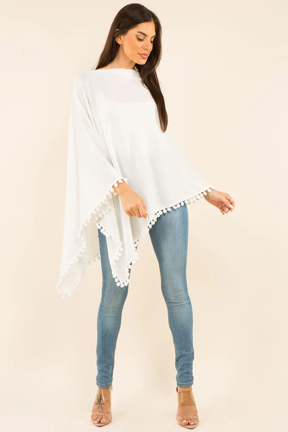 PA-9442 solid poncho with pompom