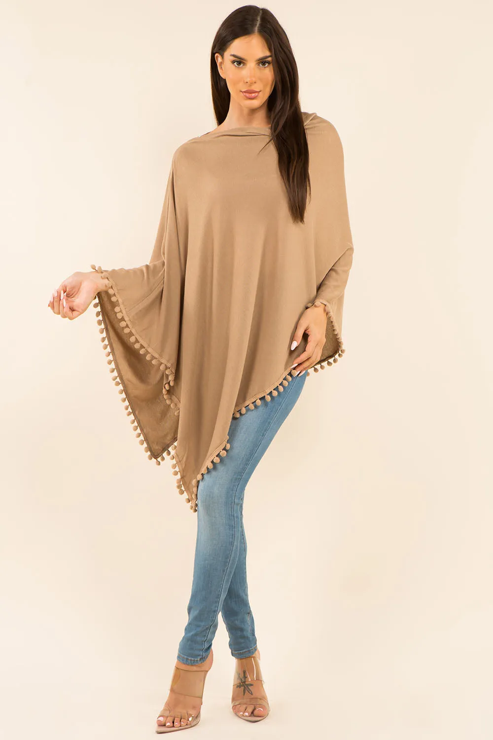 PA-9442 solid poncho with pompom