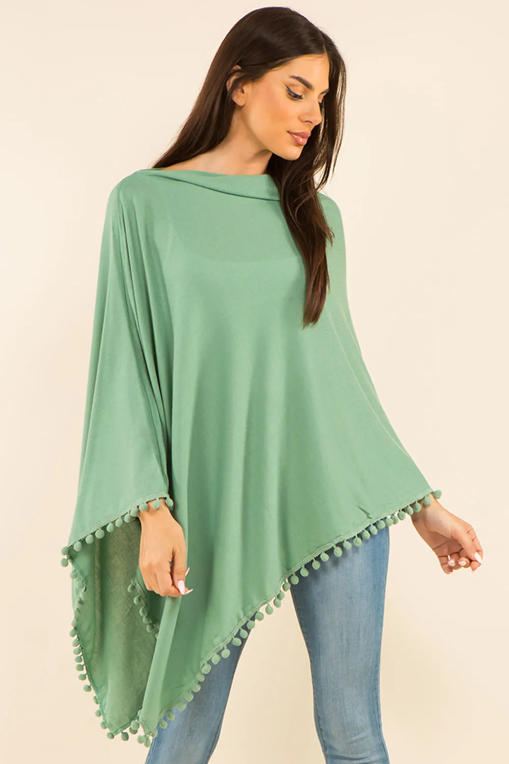 PA-9442 solid poncho with pompom