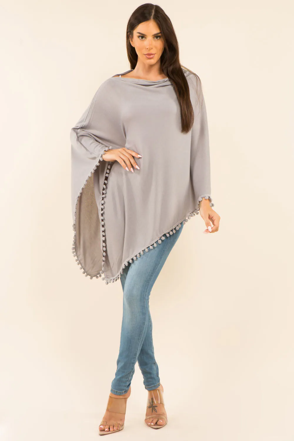 PA-9442 solid poncho with pompom