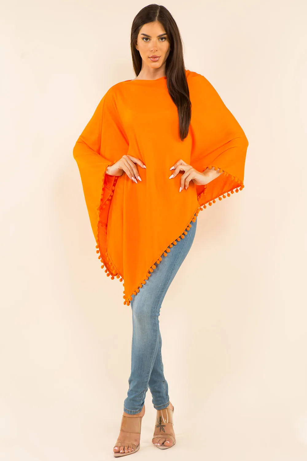 PA-9442 solid poncho with pompom