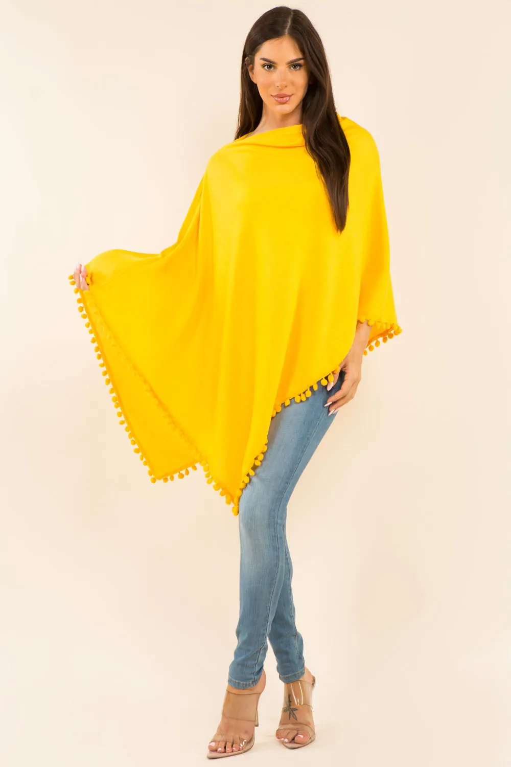 PA-9442 solid poncho with pompom