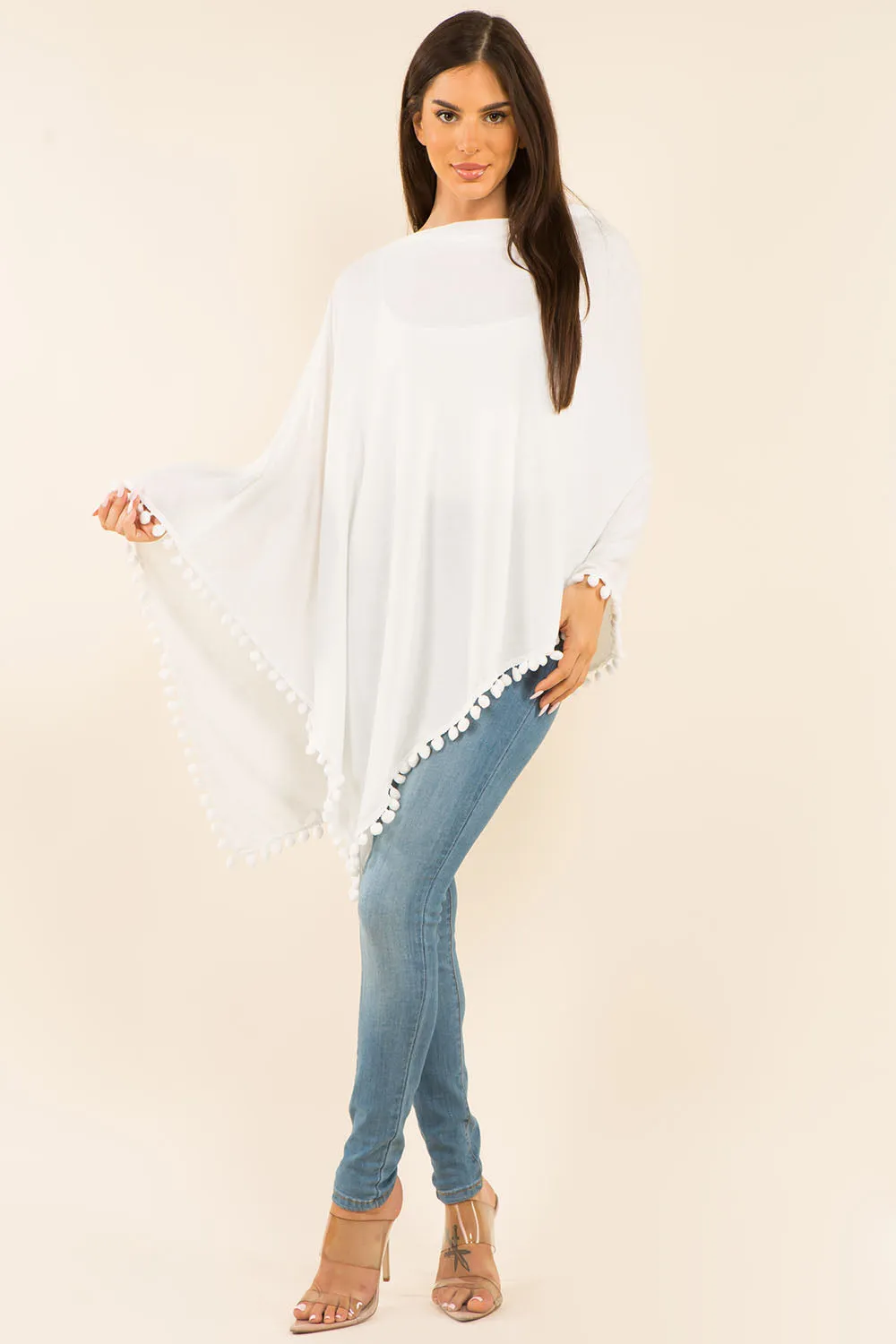 PA-9442 solid poncho with pompom